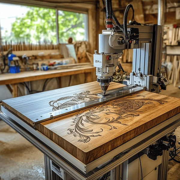 CNC Router engraving a floral pattern on a block of wood